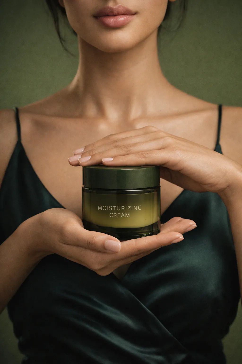Luxury skincare jar held by woman with elegant lighting and emerald green fashion styling.